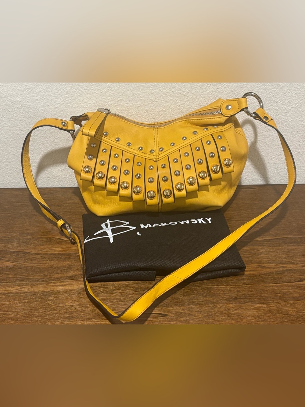 b. makowsky Yellow Leather Studded Fringe Crossbody Bag - Picture 2 of 10